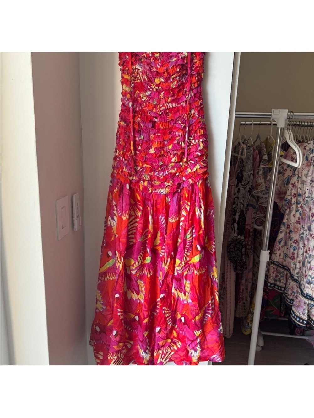 Farm Rio - NWT- Orange Flying Birds Strapless Smocked Maxi Dress - Picture 10 of 15
